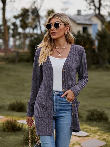 Famulily Damen Open Front Lange Strickjacken mit Taschen für Frauen Cosy Lose Open Front Pullover Mantel (L, Lila)