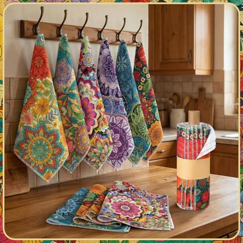 Image of Redbaker 18 Pcs Reusable Paper Towels Rolls Towels Bulk Kitchen Washable Paperless Cloth Cotton Hand Napkins with Cardboard Reusable Napkins for Kitchen Bathroom (Boho Floral Style)