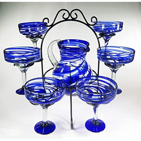 Eye4Art Mexican Margarita Glasses Blue Swirl, Pitcher set with metal display stand, Hand Blown, set of 7 Cover