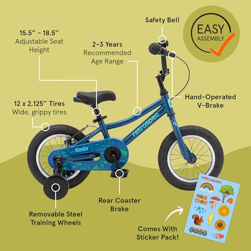 Image of Retrospec Koda Plus Kids Bike for Boys & Girls Ages 2-3 Years - 12 inch Children's Bicycle, Adjustable Seat & Handlebars, Removable Training Wheels, Front Hand Brakes, Rear Coaster Brake & Safety Bell
