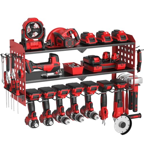 Yeabett 3 Layer Power Tool Storage, Tool Rack for 7 Drill Holders, Heavy Duty Wall Mounted Rack for Garage, Home, Workshop (Red)