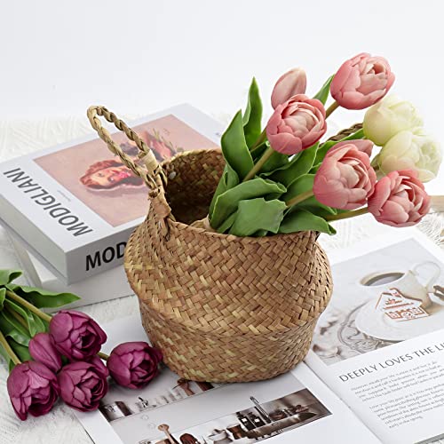 Image of DILATATA 6 Pcs Artificial Tulips Flowers Pink Real Touch Fake Latex Tulips Flowers for Mother's Day 14 inch Faux Tulips Faux Flowers for Vase Centerpieces Home Wedding Bouquet