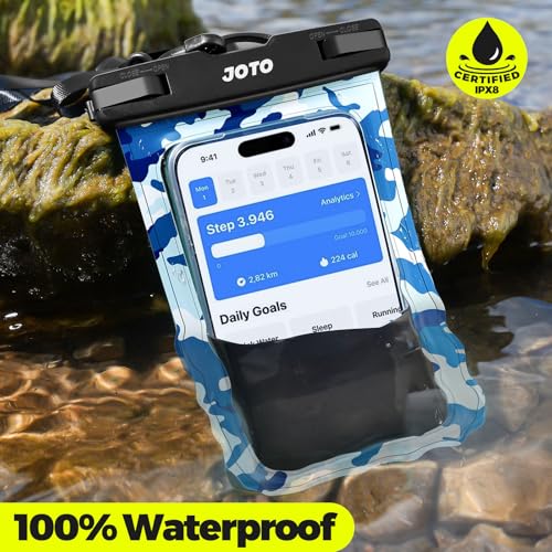 Image of JOTO Up to 7 inch Universal Waterproof Phone Case for iPhone 17 Air 16 15 14 13 12 11 Plus Pro Max, IPX8 Cellphone Dry Bag XR X SE, Galaxy S23 S22 S21 S20+ S20 S10 Plus Note, Pixel -CamoBlue