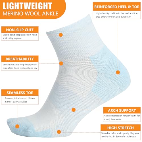 90% Merino Wool Socks for Men Women, Soft Thin Ankle Socks for Athletic Running Hiking Cycling 3 Pairs3