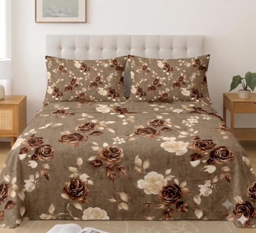 Image of IVAZA 240 TC Soft Ezyption Cotton Floral Print King Size Bedsheet - with 2 Pillow Covers, Hypoallergenic, Brethable, (Size- 90 x 90 Inch) Chocolate Brown