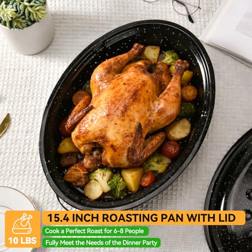 15.4” Roasting Pan With Lid, Oval Roaster Pan, Medium Enameled Roast Pan For Turkey, Chicken, Lamb, Beef Vegetables, Casserole, Lasagna, Sourdough Bread - Image 6