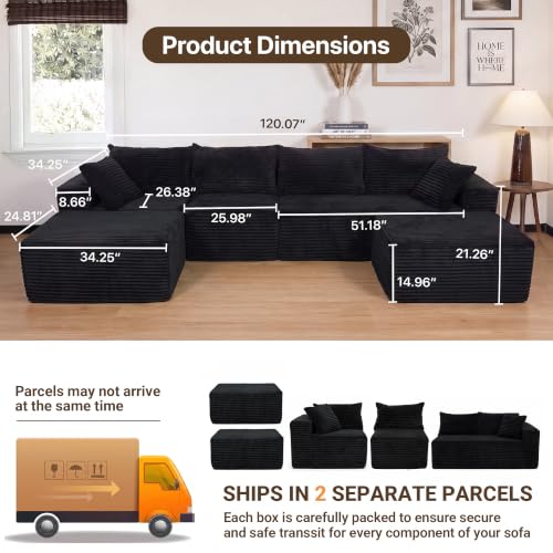 Image of Claiks 120 inch Boneless Couch, U-Shape Corduroy Sectional Sofa, Black