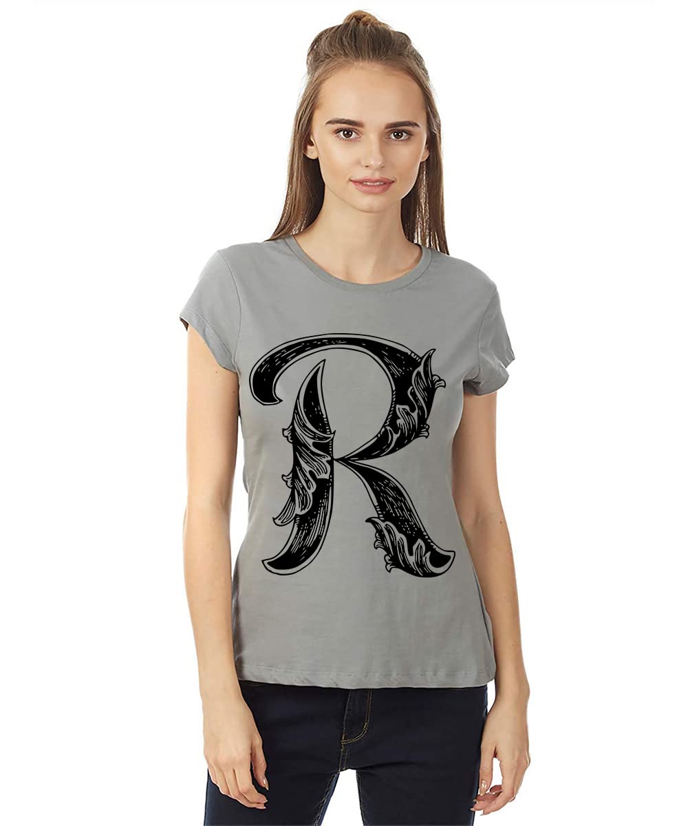 Caseria Women's Cotton Biowash Graphic Printed Half Sleeve T-Shirt - Letter R with Wings