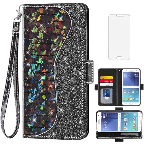 Phone Case for Samsung Galaxy J7 2015/J7 Neo/J7 Nxt/J7 Core/7J Duos Wallet Cover with Screen Protector and Flip Card Holder Bling Glitter Cell SM J700 J700P J700T J00T1 J700M Women GirlsBlack