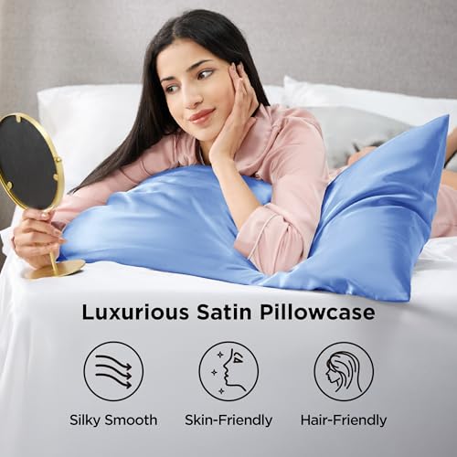 Image of Bedsure King Size Satin Pillowcase Set of 2 - Sky Blue Silky Pillow Cases for Hair and Skin with Envelope Closure, Similar to Silk Pillow Cases, Gifts for Women Men, 20x36 Inches, 2pcs