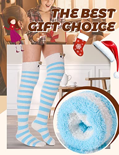 Image of MOGGEI Womens Thigh High Fuzzy Socks Warm Winter Over Knee High Long Striped Fluffy Cozy Fleece Socks 2 Pairs