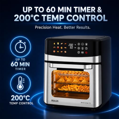 Image of INALSA Air Fryer Oven|12L,1700W|Stainless Steel Body|12-in-1 Functions,Fry,Bake,Grill,Dehydrate&Reheat|12 Preset|Rotisserie&Convection|Dishwasher Safe Accessories|2Yr Warranty,2025Model AeroCrisp 12