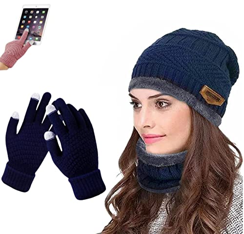 REFFER Women Winter Woolen Beanie Cap and Neck Scarf Warmer and Touch Screen Gloves Set Snow Proof, Inside Fur, Warm Woolen Cap for Women, Girl’s (Free Size)