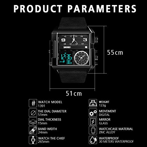 Image of SKMEI Men's Digital Sports Watch, LED Square Large Face Analog Quartz Wrist Watch with Multi-Time Zone Waterproof Stopwatch