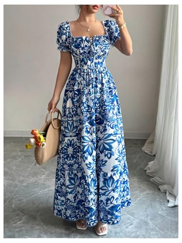 Image of Floerns Women's Floral Short Puff Sleeve Milkmaid Dress Boho A Line Long Dresses