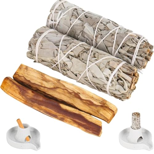 2 Weißer Salbei und 2 Palo Santo Premium Kalifornischer, 100% kontrollierte und nachhaltige Ernte, Beseitigt Negative Energien, für spirituelle und energetische Rituale