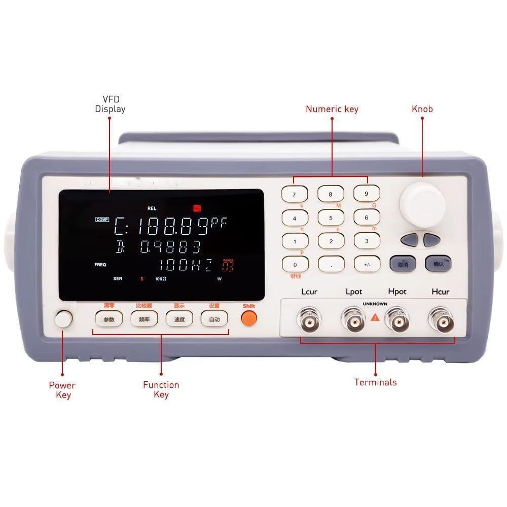 Desktop LCR Meter Digital LCR Bridge Inductance Capacitance Resistance Tester with Frequency 100Hz 120Hz 1kHz 10kHz Accuracy 0.2% Signal Level 0.1Vrms 0.3Vrms 1Vrms Max Display 99999 Parameter