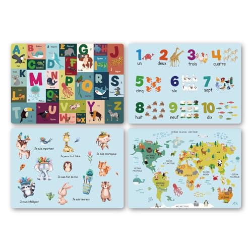 Lot de 4 Éducatifs Set de Table pour Enfant - l'Alphabet Français - Carte du Monde - Chiffres - Citation Positive - Animaux Sets de Table Lavable en...