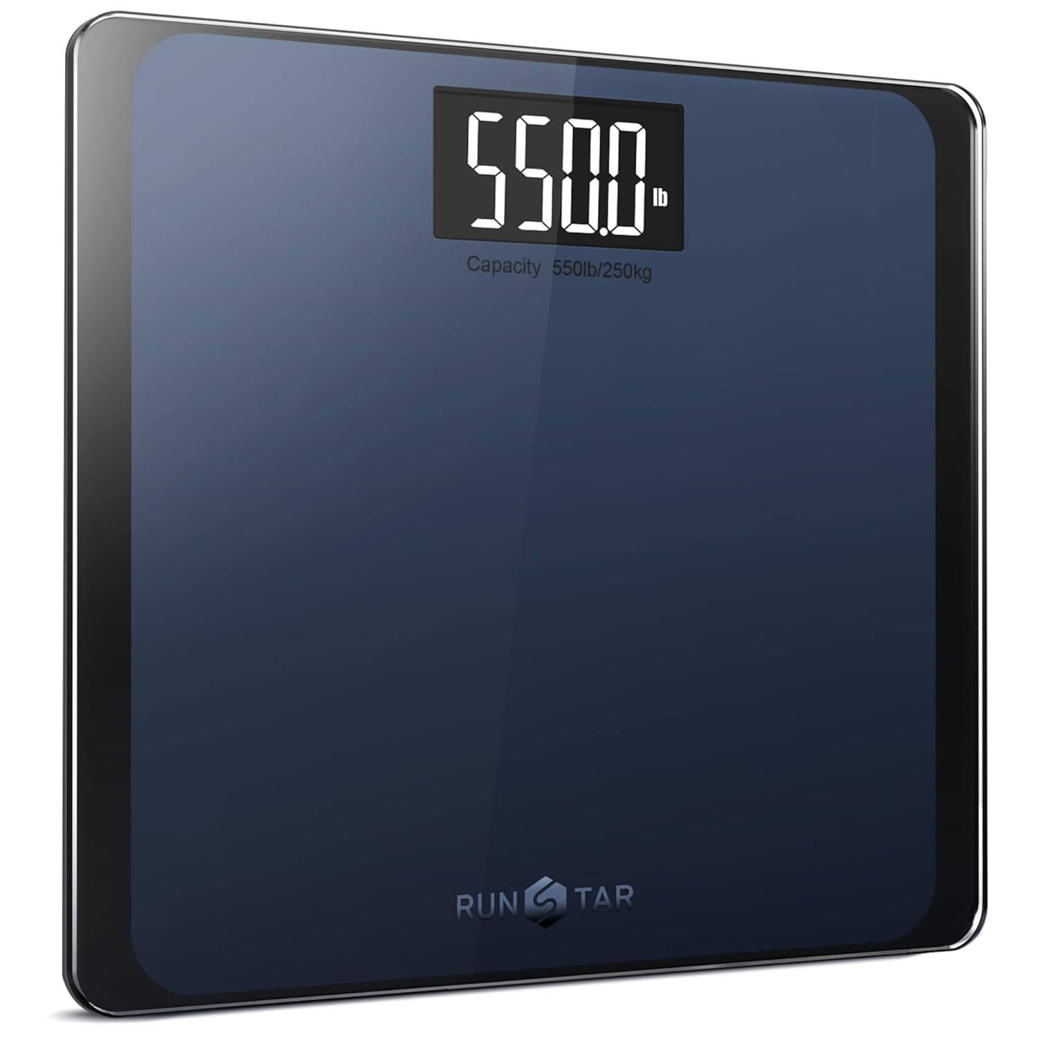 RunSTAR Digitale Personenwaage, hochpräzise Sensoren, 8 mm Sicherheitsglas, Tragkraft bis 250 kg, mit extragroßer Trittfläche und großem LCD-Display, Step-on-Technologie, blau-schwarz