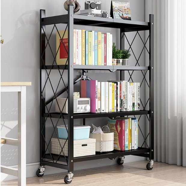 Upmarkt Foldable Movable Storage Rack & Organizer | Multipurpose Bookshelf for Living Room, Office, Library | Metal Foldable Book Rack with Wheels for Easy Mobility & Space Saving (Black, 4 Tier)