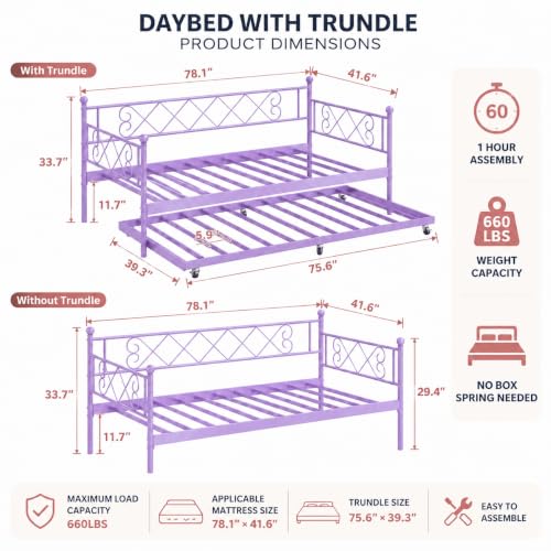Image of Garvee Daybed with Pull Out Trundle, Metal Sofa Bed Frame with Heart Headboard, Steel Slat Support, No Box Spring Needed, Guest Bed for Bedroom, Living Room,