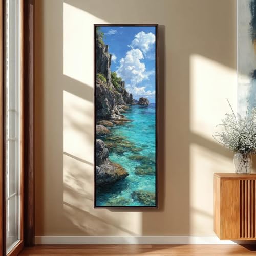 Tableau océan vertical en toile de falaise côtière turquoise pour décoration marine 30x90 cm