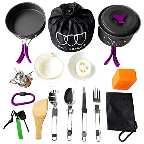 Gold Armour 17 Pieces Camping Cookware Mess Kit Backpacking Gear & Hiking Outdoors Bug Out Bag Cooking Equipment Cookset | Lightweight, Compact, Durable Pot Pan Bowls