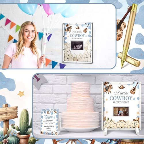 Image of Beeveer 65 Pcs Cowboy Baby Shower Guest Book Alternatives a Little Cowboy is on The Way Decorations Western Baby Shower Party Supplies Sign in Guest Book with Picture Frame and 60 Wooden Chip