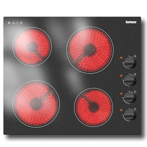 Karinear Plaque Vitrocéramique 4 Feux, Plaque de Cuisson Vitrocéramique 60CM Encastrable avec Boutons Rotatifs, Plaque Electrique 4 Feux 6000W, Arrêt...