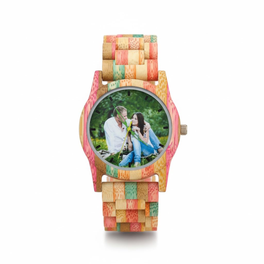 Orologio personalizzato in legno arcobaleno, quadrante fotografico personalizzato, orologio in bambù colorato intagliato e legno, segni intagliati, fidanzata, moglie o madre.