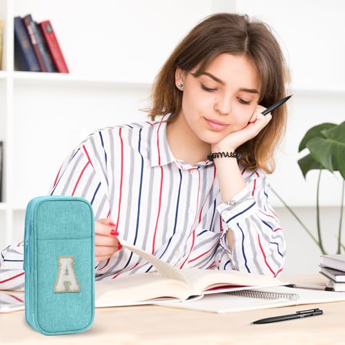 Image of Preppy Pencil Case for School Supplies, Large Initial Pencil Pouch with Zipper, Cute Pencil Bag for Office Supplies, Aesthetic Pen Case Box for Kids Teen Girls Women - R(Blue)