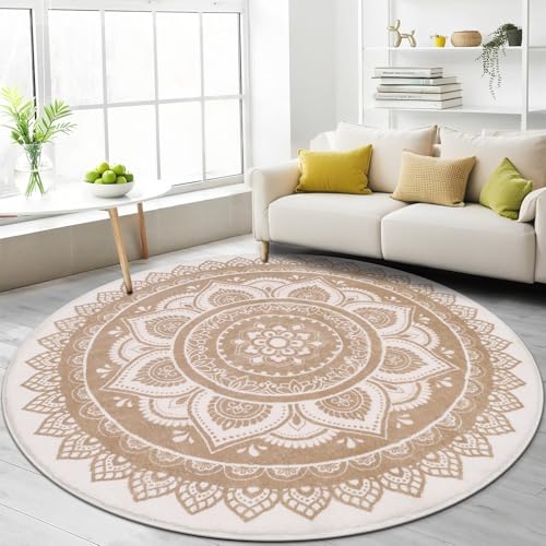 SHACOS Boho Teppich Rund 120 cm, Beige, Waschbar, rutschfest, Kurzflor,...