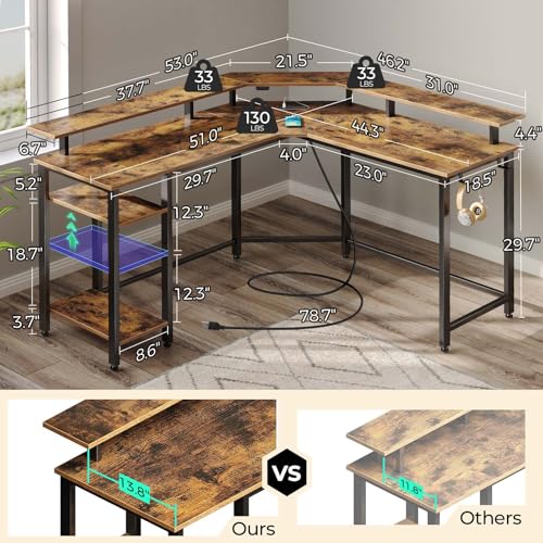 Image of Rolanstar L Shaped Gaming Desk with LED Lights & Power Outlets, 55.1 inch Computer Desk with Full Monitor Stand & Storage Shelf, Corner Desk with Hooks, Rustic Brown Desk Reversible