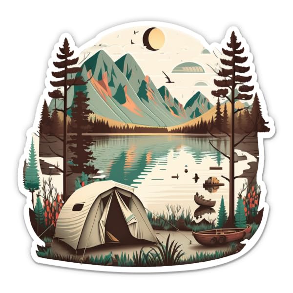 Camping by The Lake Sticker - 3" Laptop Sticker - Waterproof Vinyl for Car, Phone, Water Bottle - Pretty Nature Mountains Woods Retro Style Decal