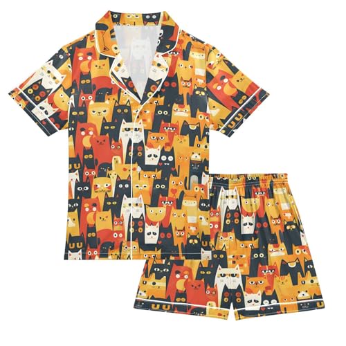 ALAZA Colorful Cat Animal Kitten Satin Pajamas Set Short Sleeve Button Down Sleepwear Summer Pjs 2 Piece