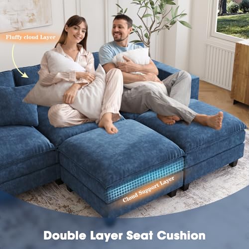 Image of 137 inch,U Shaped Couch,Modern Modular Sectional Sofa, 4-Seater Comfy Cloud Couch with Two Movable Ottoman & Throw Pillows for Living Room, Bedroom and Apartment, Dark Blue