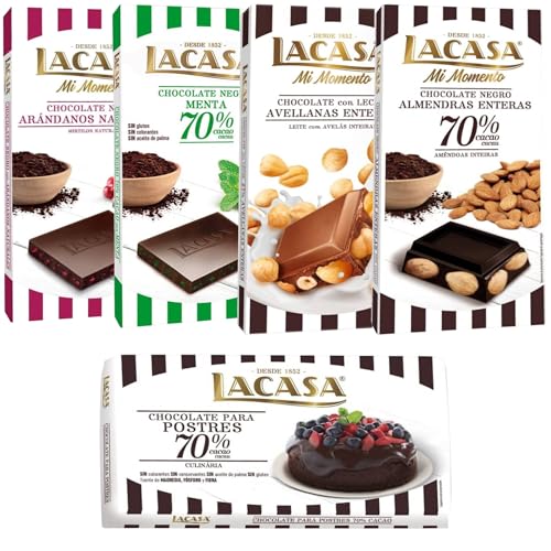 Pack Lacasa 5 deliciosas tabletas de chocolate:leche avellana 200gs , arandanos , menta ,culinaria, almendra