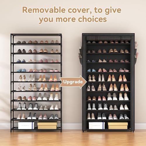ROJASOP 10 Tier Shoe Rack with Covers,Large Capacity Stackable Tall Shoe Shelf Storage to 50-55 Pairs Shoes and Boots Sturdy Vertical Shoe Rack Organizer for Closet Entryway Garage Bedroom - Image 6