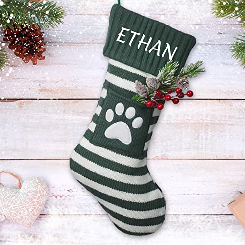 BOLSWJKJR1 Personalized Knitted Christmas Stocking with Name, Christmas Trees Snowflake Paw Custom Needlepoint Stockings Set, Embroidery Customized Keepsake Christmas Holiday Decorations for Family