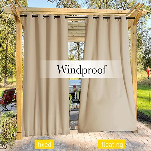NICETOWN 2 Panels Outdoor Patio Curtains Windproof & Waterproof, Top & Bottom Grommet & Back Tab Light Blocking Drapes Keep Privacy for Yard/Porch with Ropes for Fixed, Biscotti Beige, W46 x L72