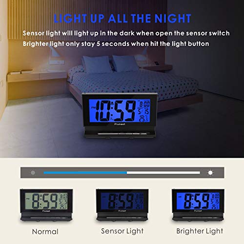 Auto-Night Light Clock - Plumeet Digital Alarm Clock Large LCD Display with Low High Dimmer Backlight - Temperature - Calendar - Ascending Sound and Snooze Function - Battery Operated Only (Blue)