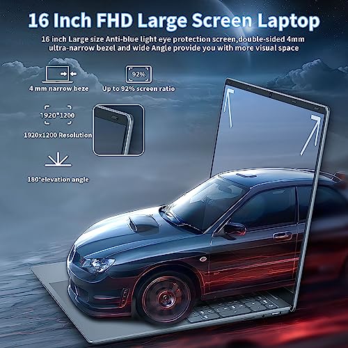 Image of 16 inch Business Laptop Computer Alder Lake N95 CPU (Up to 3.4Ghz) 12G LPDDR5 RAM 256GB SSD, Narrow Bezels 1920 * 1200 2K FHD IPS Screen /Backlit KB /Fingerprint Unlock (12G+256GB SSD)