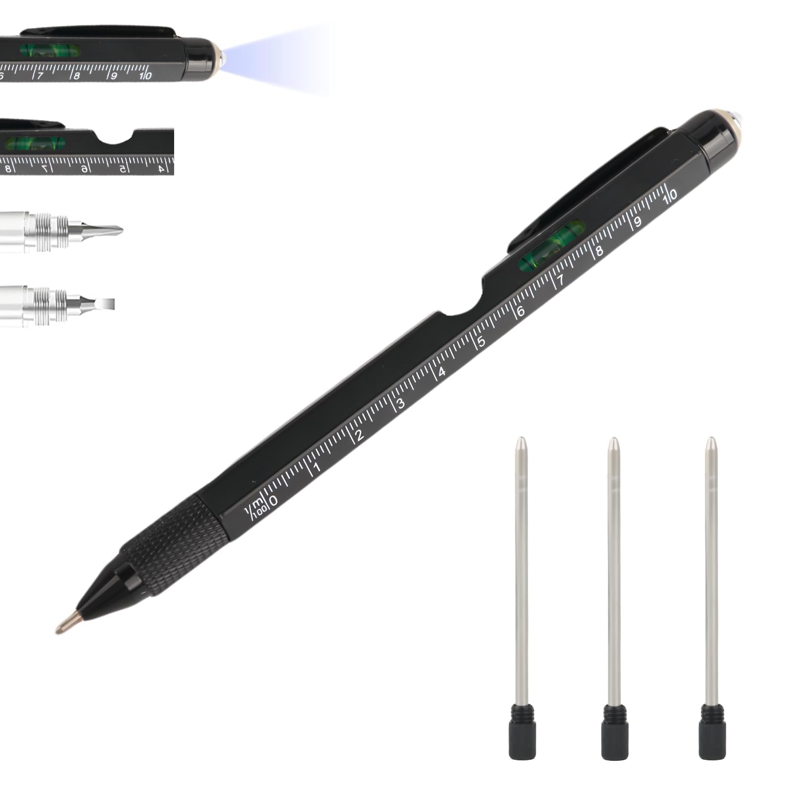 Solryn 9 in 1 Multi Tool Pen with Ballpoint Pen/Flat Head Screwdriver/Phillips Screwdriver/Stylus/Bottle Opener/Phone Holder/Bubble Level/Ruler/Flashlight, Gift for Father's Day