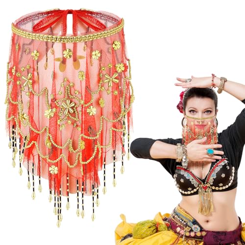 Mepase Women Belly Dance Face Veil with Beads Sequins for Outfit Halloween Costume Accessory(Red)
