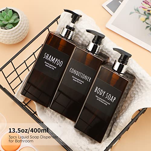 Image of Segbeauty 3pcs 13.5oz Empty Refillable Pump Bottle Dispenser with Labels, 400ml Plastic Shower Bottles for Lotion Body Soap Shampoo Conditioner Gel Hotel Bathroom Brown