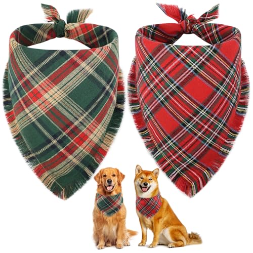 Vivifying Dog Christmas Bandana with Tassels Edges, 2 Pack Classic Plaid Triangle Pet Apparel &amp; Accessories, Funny Holiday Dog Scarf Costume for Photo Prop, and Party Decor (X-Large, Red&amp;Green)