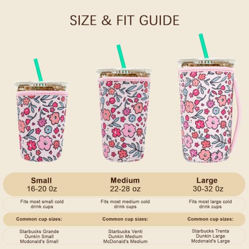 Image of Insulated Neoprene Cup Sleeve for Iced Coffee & Cold Soda - Reusable & Sweatproof, Keeps Drinks Cold Longer, Coffee Coolie for Hot & Iced Drinks (Pink Garden, Small: 16-18oz)