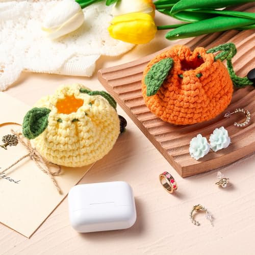 Lyrow 2 Pcs Small Crochet Purses Handmade Cute Coin Purse Tangerine Shaped Storage Bag Mini Drawstring Change Pouch Knitting Woven Wallet for Women Keychain Earbuds Dice, Orange and Yellow 5