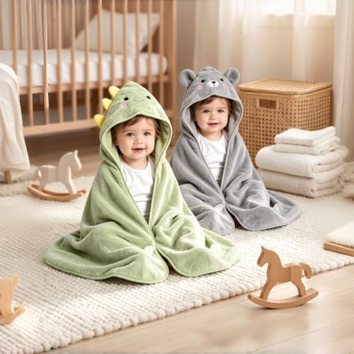 Image of Baby Hooded Towels,31 x 31 in Baby Washcloths, Infant Super Soft Baby Bath Towels with Hood for Toddlers1-3 (Green Dinosaur + Gray Bear)