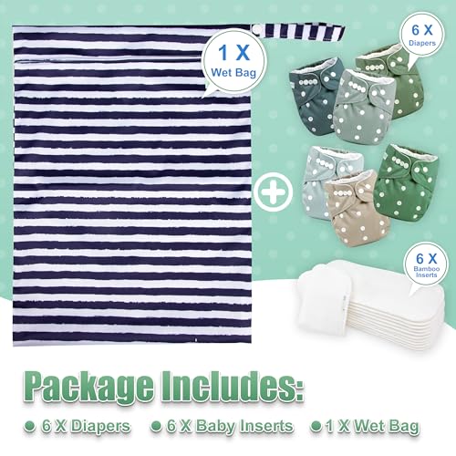 Image of wegreeco Cloth Diapers 6 Pack with 6 Inserts & 1 Wet Bag, Washable Cloth Diapers for Babies, One Size Adjustable Reusable (Green)
